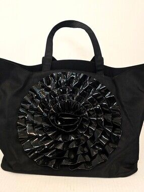 Oversized Black Rosette Tote Weekender Travel Carryall Laptop Shoulder Bag